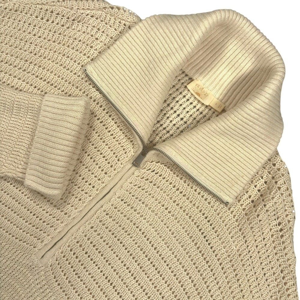 Faherty Miramar Open Knit Quarter Zip Sweater Womens L Beige Linen Blend NWOT